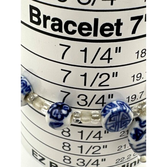 Vintage Blue White Porcelain Bead Bracelet Hand Painted Asian Symbols - Picture 4 of 5
